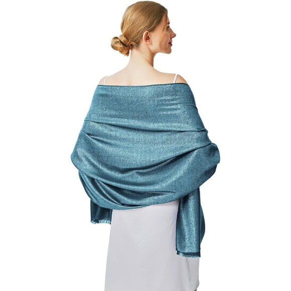 Pashmina Shawl Wraps Scarf Formal - Hollyhock Blue & Gold - Picture 3 of 6